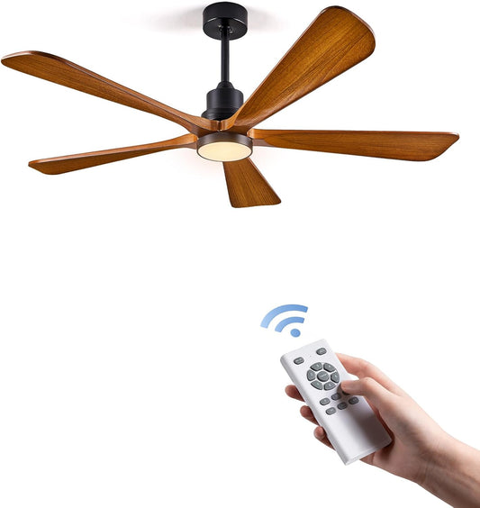 ABZ Ceiling Fans with Lights Remote Control - 52 inch Outdoor Indoor 5 Walnut Wood Blades Modern Ceiling Fan DC Reversible Motor for Patio Bedroom