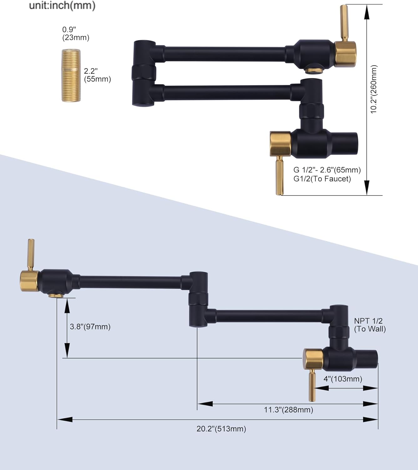 Black and Gold Pot Filler Faucet: ALEASHA Solid Brass Made Heavy Duty Pot Filler, Wall Mount Pot Filler 2 Handles with Double Joint Swing Arms Over