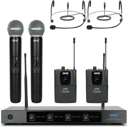 SGPRO 4-Channel Wireless Microphone System - 250Ft Range, Metal Mics & Receiver, Fixed Frequency Cordless Microphones Ideal for Events and Live