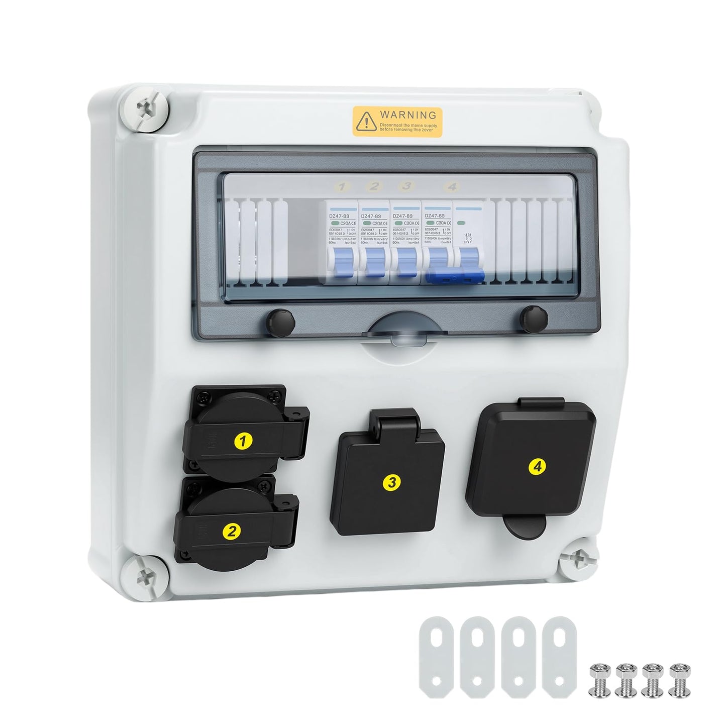 RV Power Outlet Box 50/30/20 Amp – with NEMA 14-50R, TT-30R & 5-20 Receptacles, Individual Breakers, Pre-Wired for Camper, Trailer, EV, Generator, and Temporary Power Panels