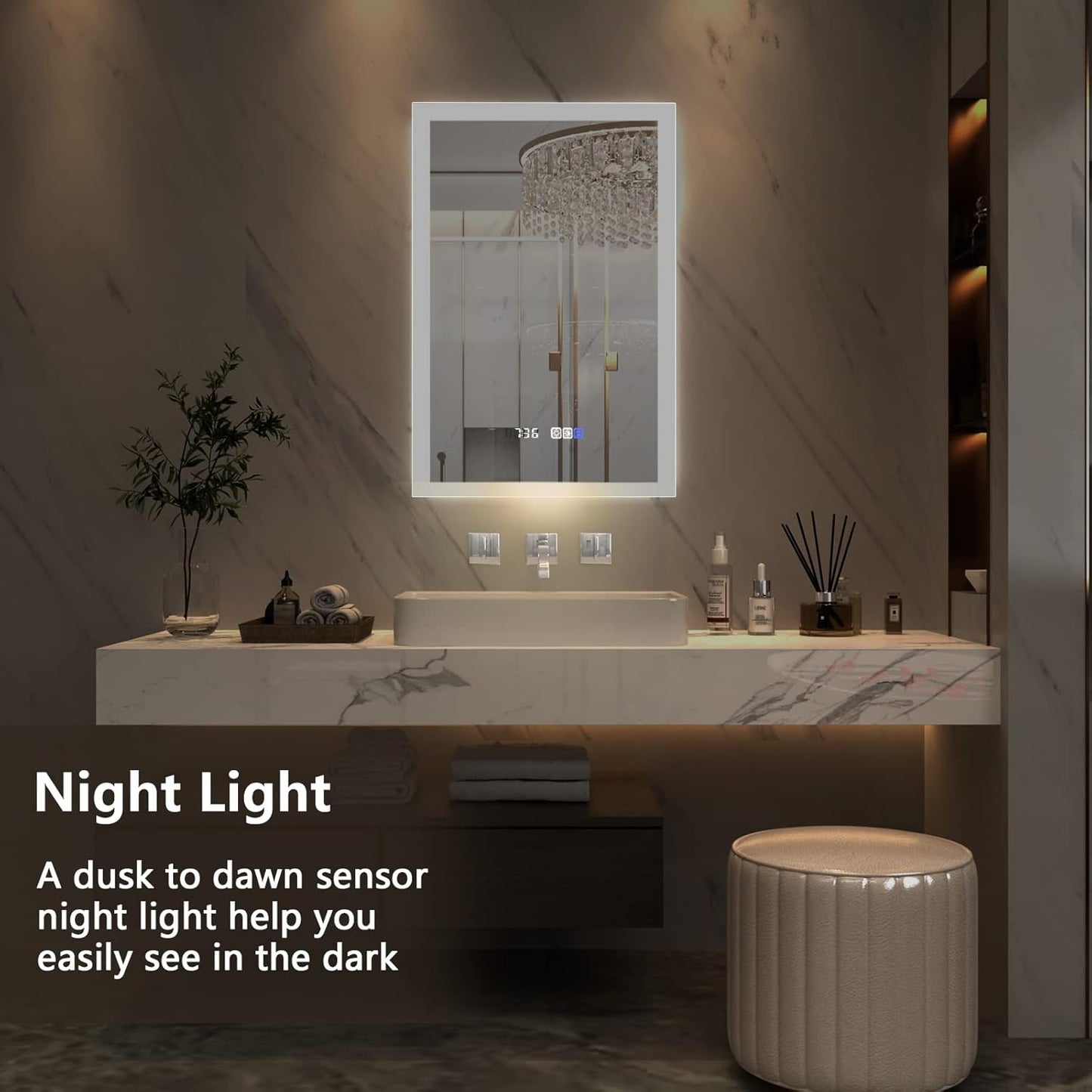 ExBrite LED Bathroom Vanity Mirror 24x36 inch Lighted Bathroom Wall Mirror, Backlit,Anti Fog, Dimmable, Time,Temperature, Night Light,Color