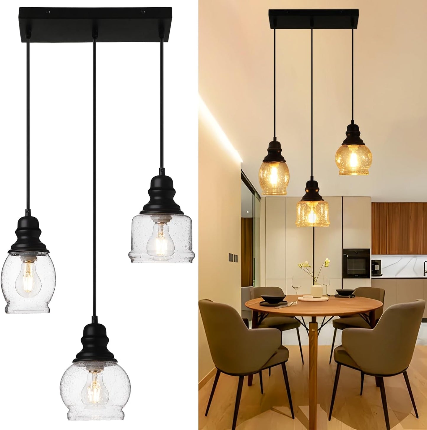 Industrial Pendant Lighting, Pendant Lights for Kitchen Island 3 Light Glass Pendant Light Fixture with Seeded Glass Shade, Adjustable Cord Farmhouse