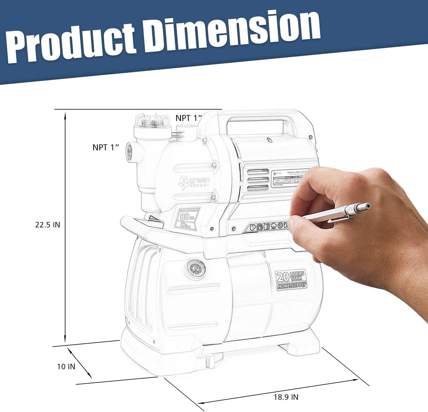 1HP Shallow Well Water Pump Max Head 130FT Max Flow 800 GPH, 5-Gal Pressure Tank Automatic Booster System 17-43 PSI Preset Switch for Household Pipe