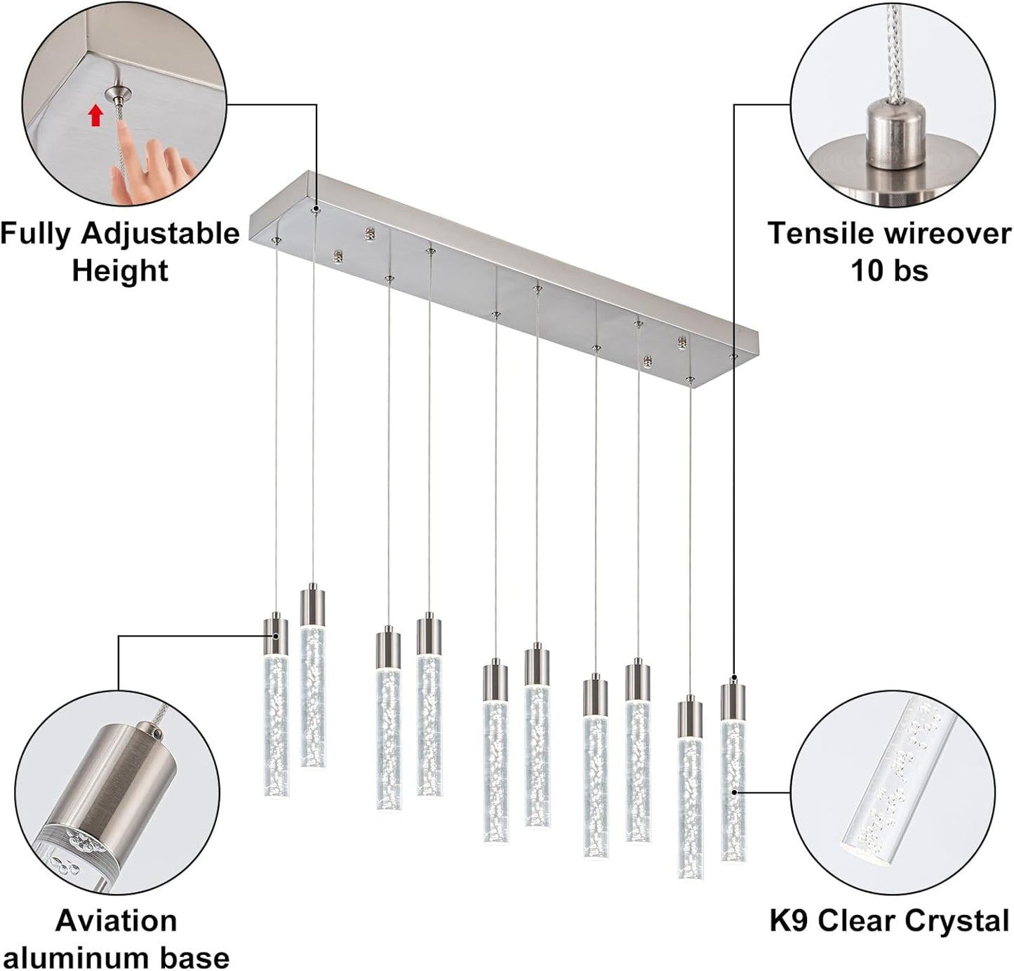 Modern 10-Light Pendant Chandelier – LED Kitchen Island Lighting, Dimmable Ceiling Fixture