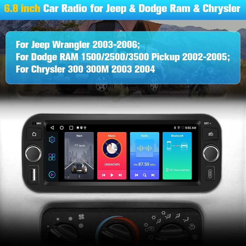 AWESAFE Car Stereo for Jeep Wrangler 2003-2006 Dodge RAM 2002-2005 | Touch Screen RAM 1500 Radio, CarPlay Android Auto, WiFi GPS AM FM, SWC, Camera, 2GB+64GB