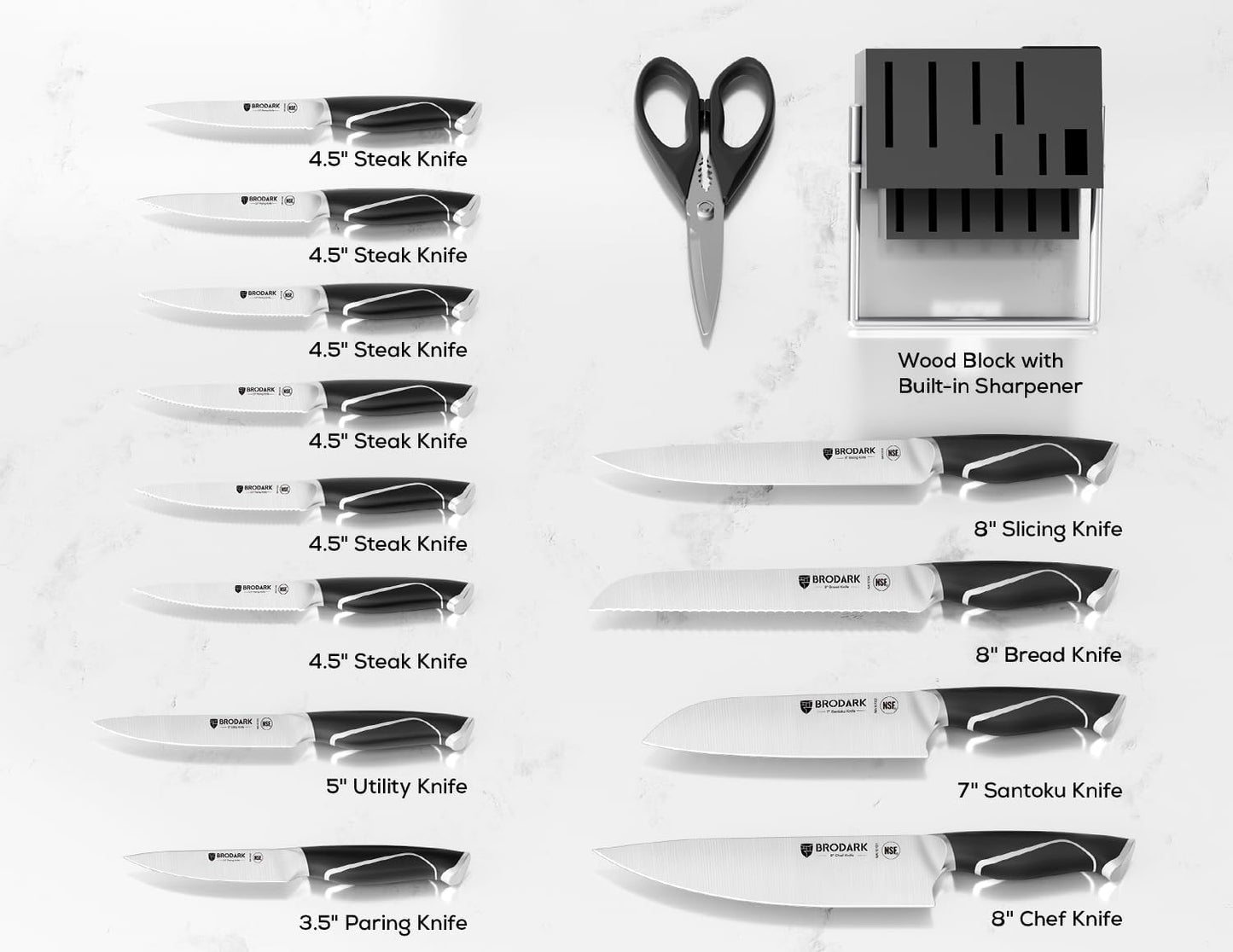 Kitchen Knife Sets with Block and Built-in Sharpener, 15 Pcs