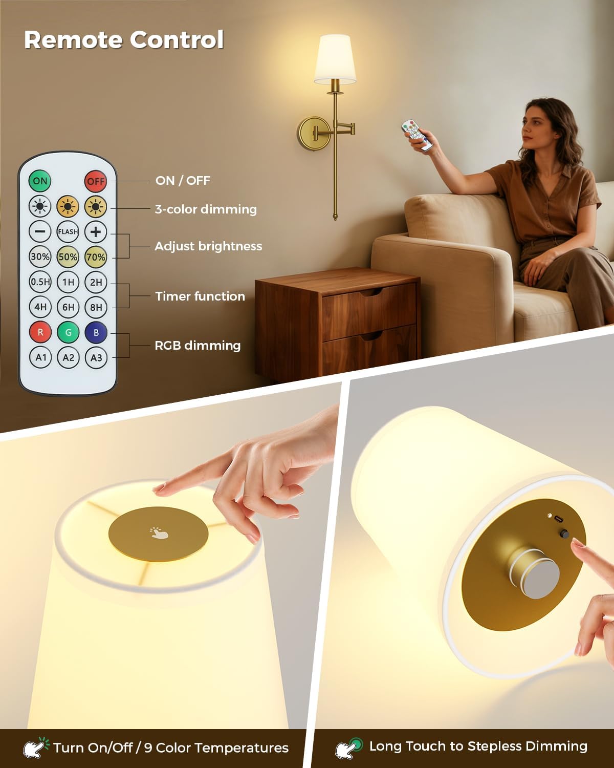 Battery Operated Wall Sconce Set of 2, RGB Color Changing Wall Lights with Remote, 9 Static Colors, Dimmable Wireless Swing Arm Wall Lamp, Adjustable Gold Wall Sconce for Bedroom Living Room Brass 24.8inch