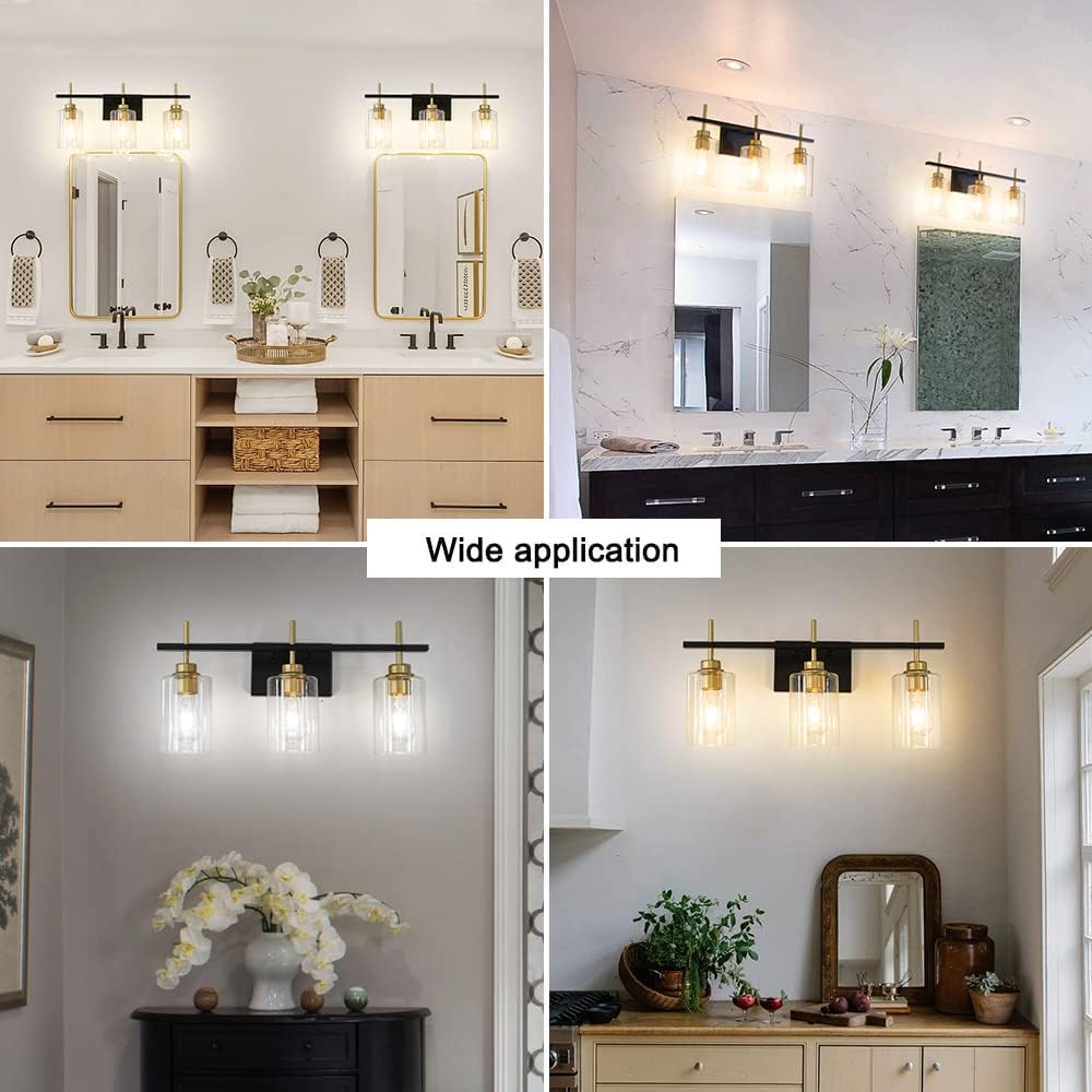 DSMJFU 3-Light Bathroom Light Fixture, Modern Bathroom Vanity Lights Over Mirror, Black and Gold Wall Sconce with Thicker Glass Shade for Mirror