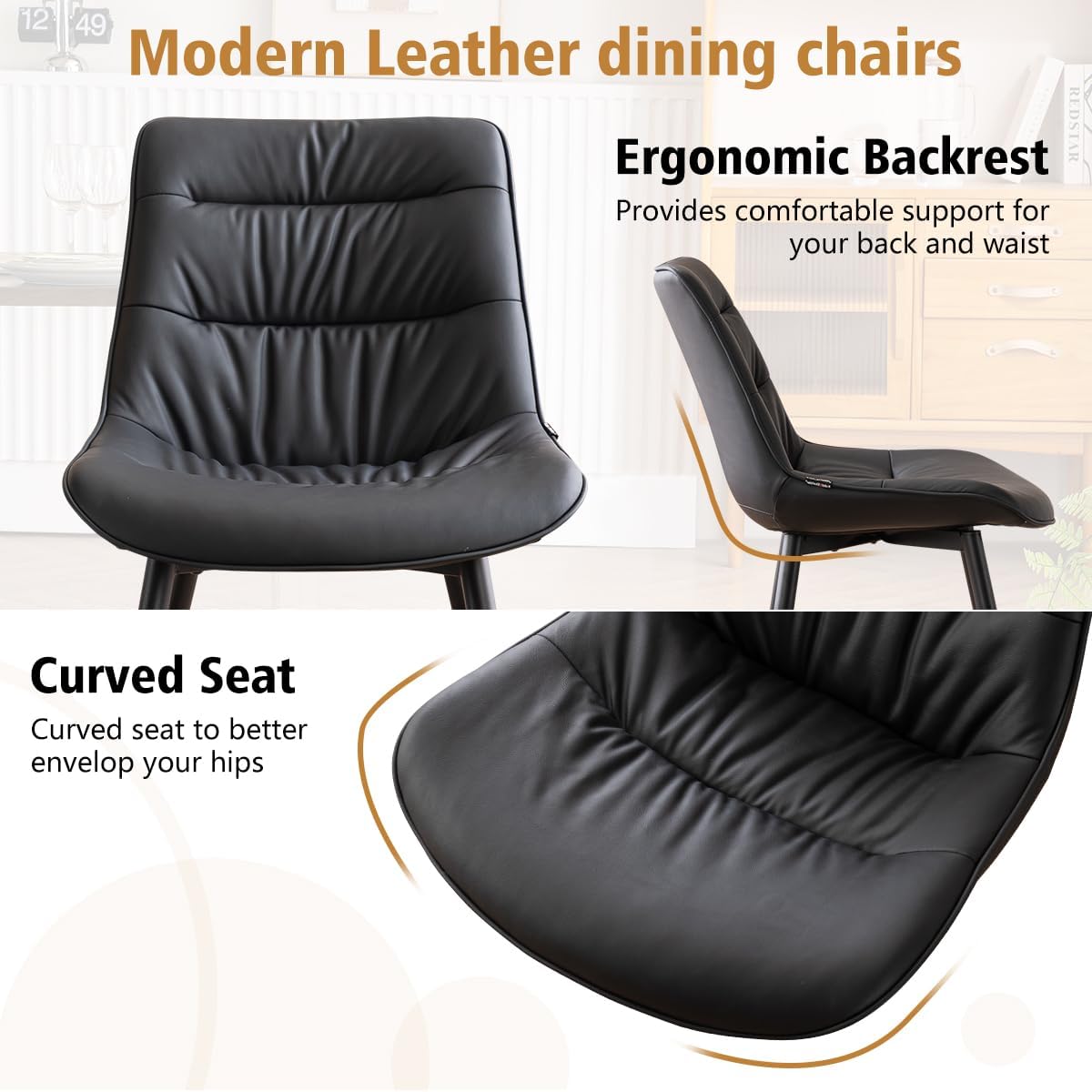 Kidol & Shellder Dining Chairs, Modern Upholstered Leather Kitchen Side Chairs with Comfortable Back, with Metal Legs Black Modern
