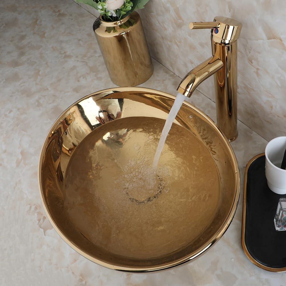 Washly Bathroom Vessel Sink 16 Inch Gold Ceramic Sink Bowl With Gold Faucet and Pop-Up Drain Combo,Oval Bathroom Sink Above Counter Art Sink Washing