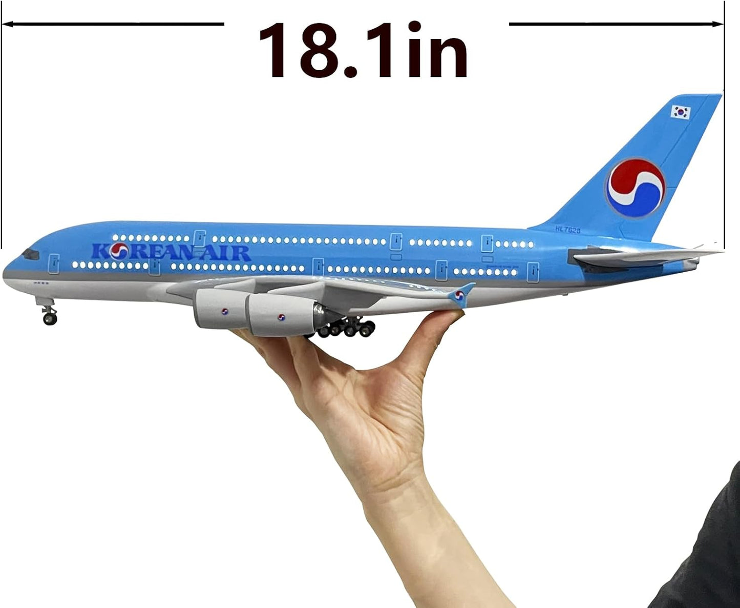 1:160 Scale Korean A380 Airplane Model, Korean A380 Model 17.2 Inches Length, with LED Lights, Highly Simulated Resin Material, Free Airport Scene