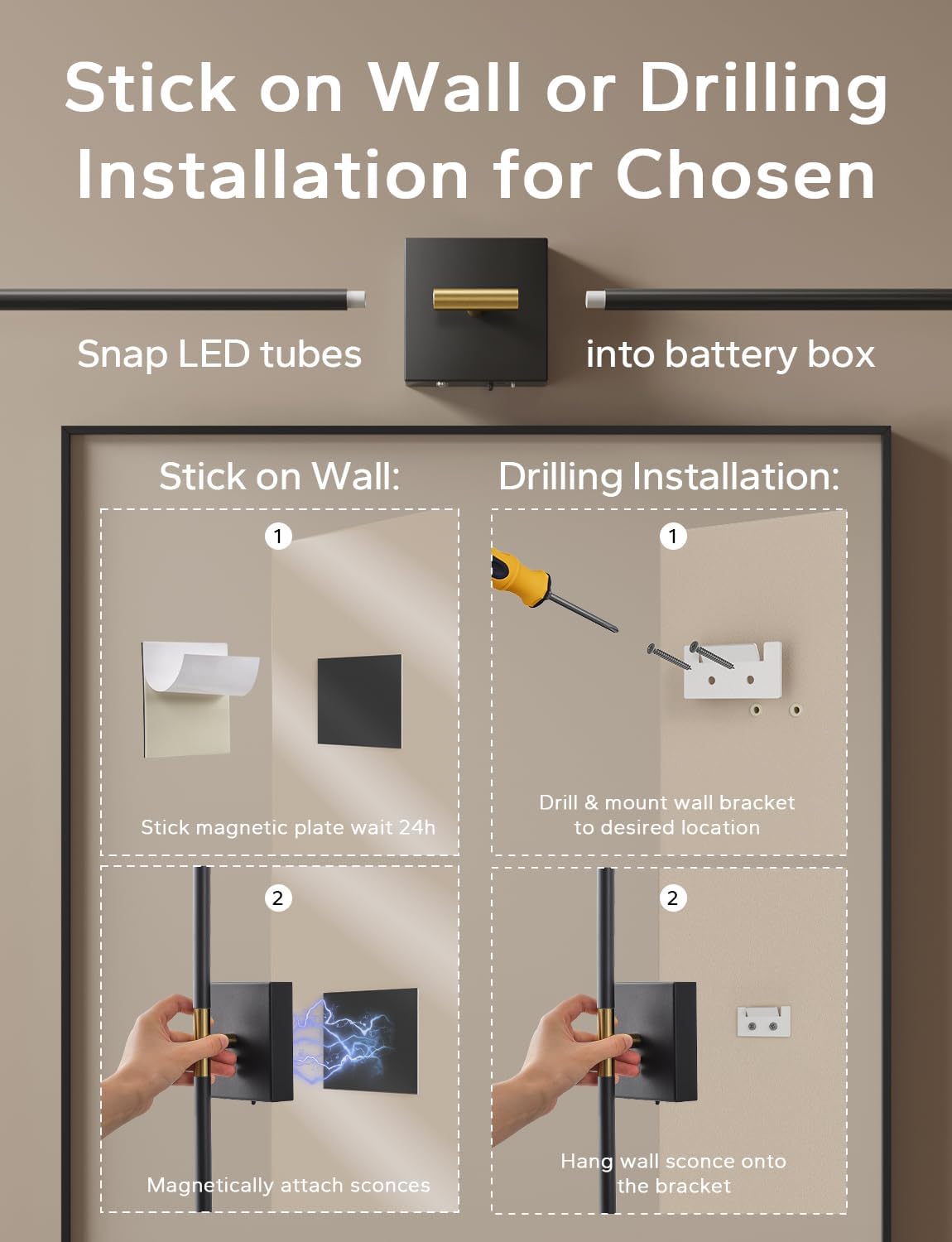 KARTOOSH 9000mAh Battery Operated Wall Sconces Set of 2, Black Gold | 28.7in Peel and Stick Sconces, Wireless, 3 CCT, Dimmable Wall Lights with Remote for Bedroom Living Room Hallway Black and Gold 28.7 inch