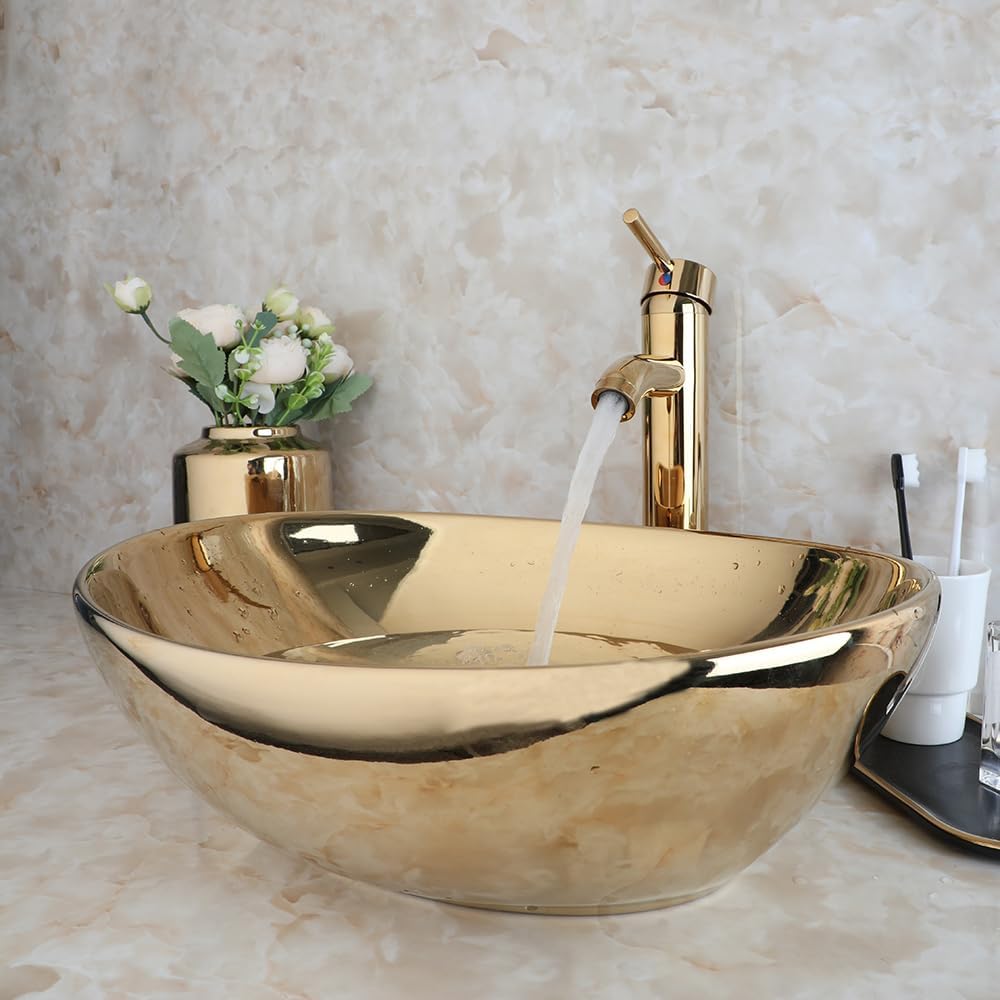 Washly Bathroom Vessel Sink 16 Inch Gold Ceramic Sink Bowl With Gold Faucet and Pop-Up Drain Combo,Oval Bathroom Sink Above Counter Art Sink Washing