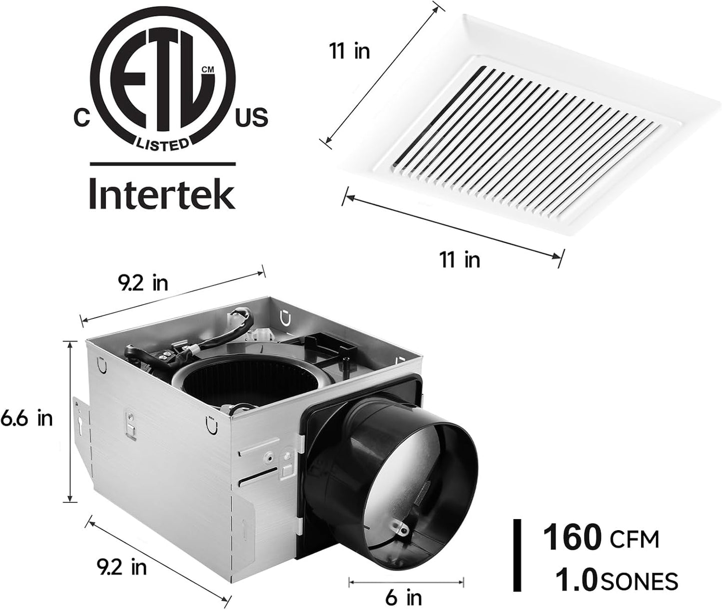 Bathroom Fan, White, 160 CFM, 1.0 Sone, 6 Inch Duct | Quiet Energy Saving, Humidity Sensors, Easy to Install, No Attic Access Ceiling Mounted, ETL Certified
