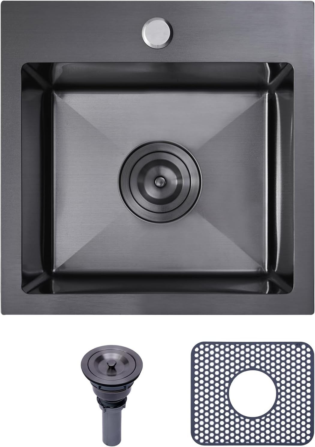 RICINUN 15x15 Inch Black Drop In Bar Sink,15 Inch Gunmetal Black Top Mount Small Bar RV Sink, Stainless Steel 16 Gauge Single Bowl Kitchen Prep Sink