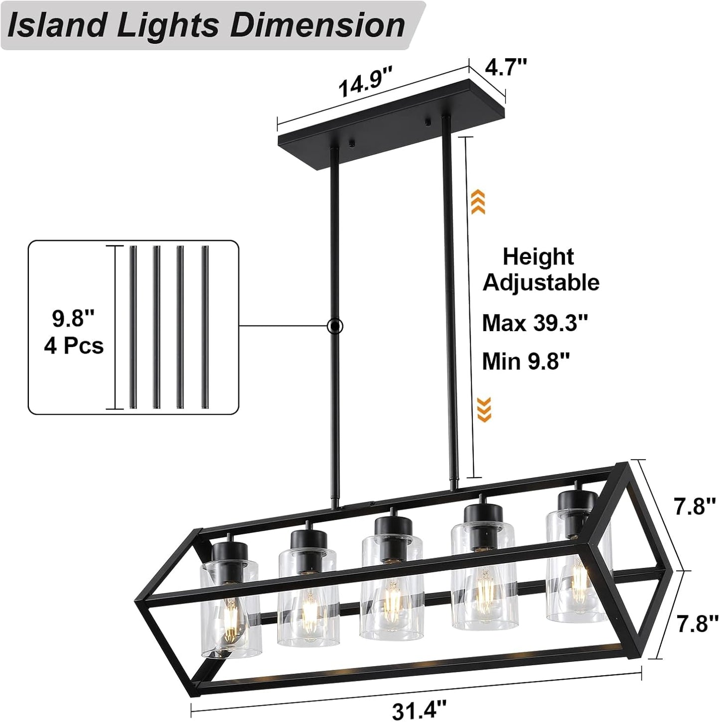 KERHENE 5-Light Rectangle Chandeliers, Farmhouse Chandeliers with 6 Glass Shades, 5-Light Linear Kitchen Island Light for Dining Room