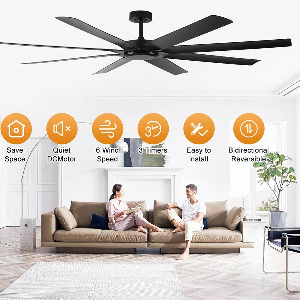 72 inch Large Ceiling Fans No light,Industrial Ceiling Fan with 8 Blades(ABS),Reversible DC Motor,Quiet Ceiling Fans with Remote control,3 Downro