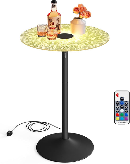 VASAGLE Bar Table, Round Cocktail Table with Multi-Colored Lights and Glass Top, Large Steel Base, 41.3 Inches Tall Pub Table for Ki