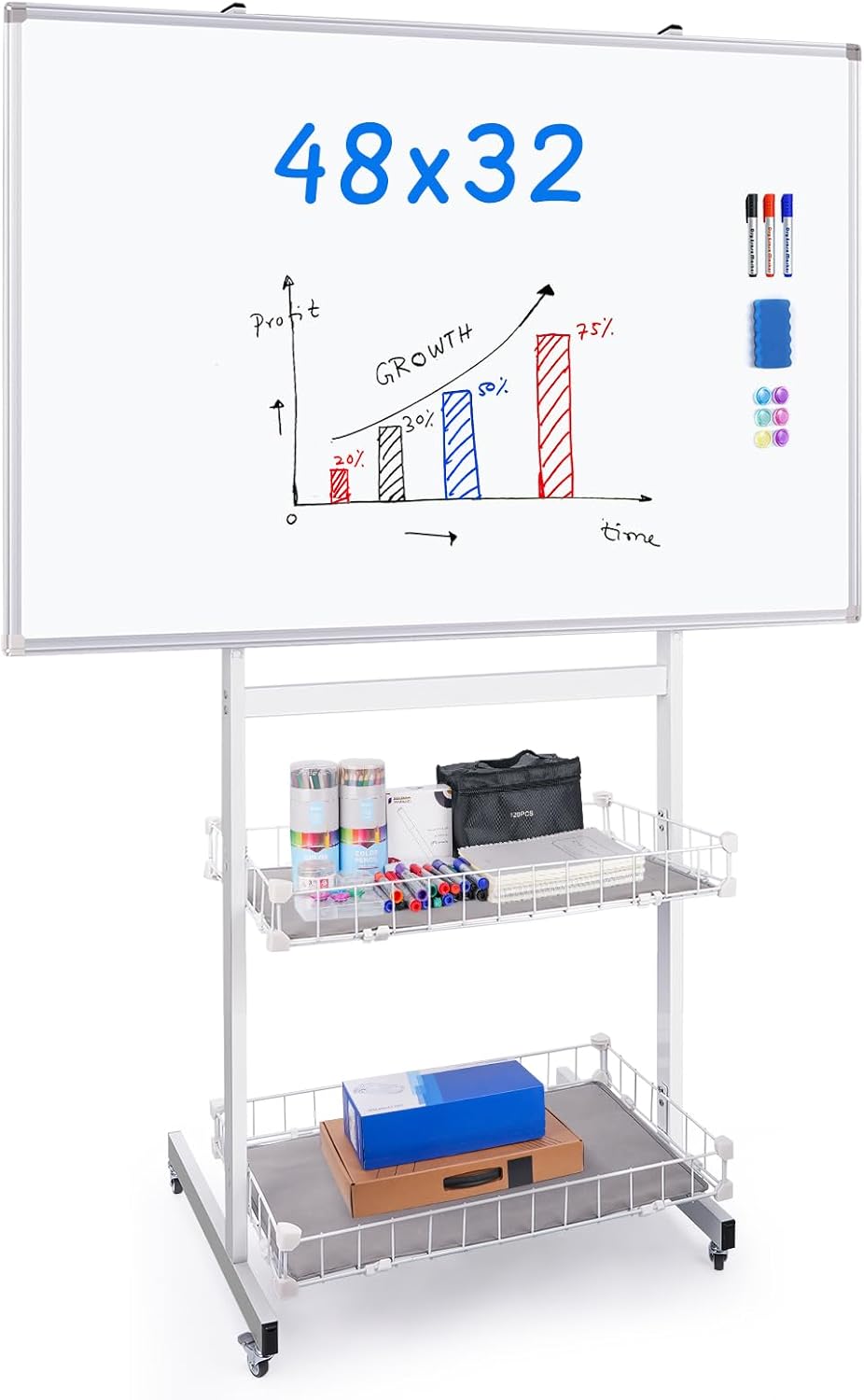 maxtek Rolling Whiteboard, 48x32 Large Magnetic White Board with Stands, Big White Board Dry Erase on Wheels with Baskets for Classroom, Office,