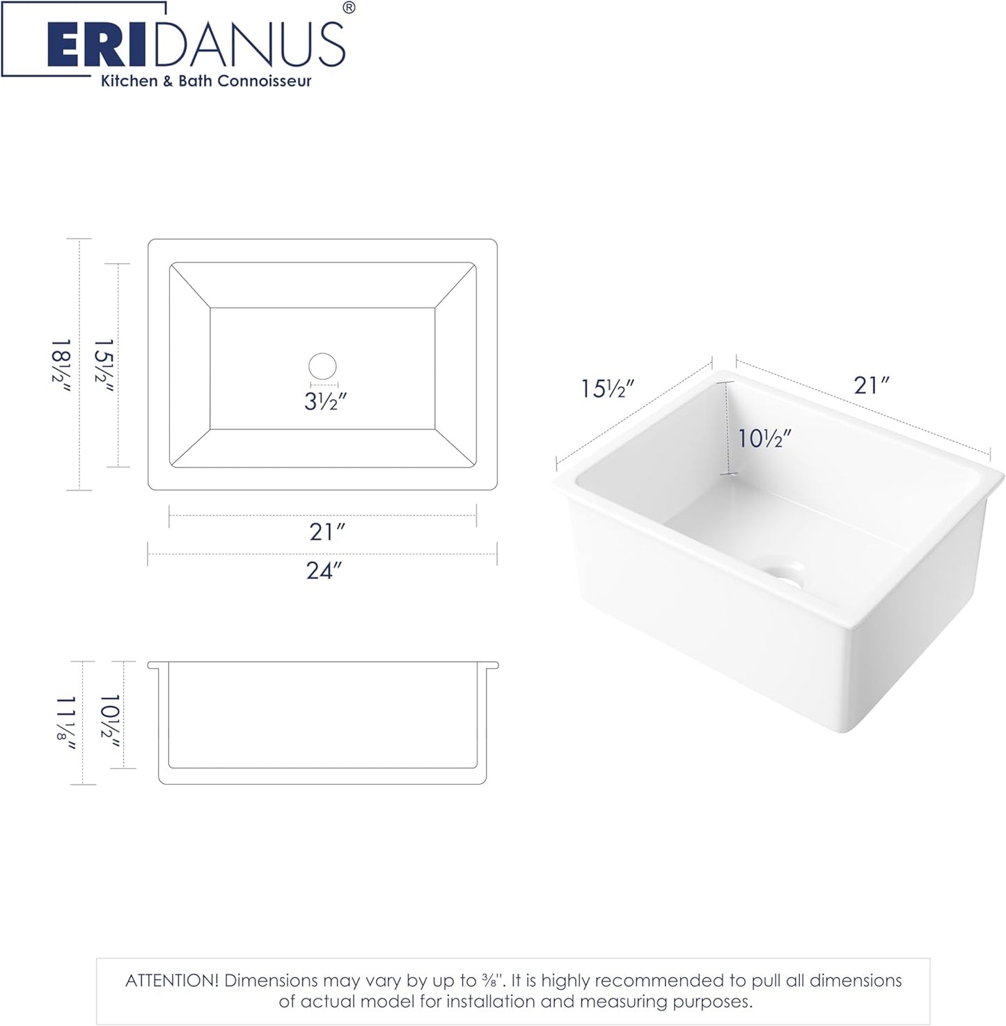 Drop in Kitchen Sink, Eridanus 24'x 18' Undermount Kitchen Sink 24 Inch Fireclay Sink Dual Mount White Kitchen Sink Topmount Deep Single Bowl