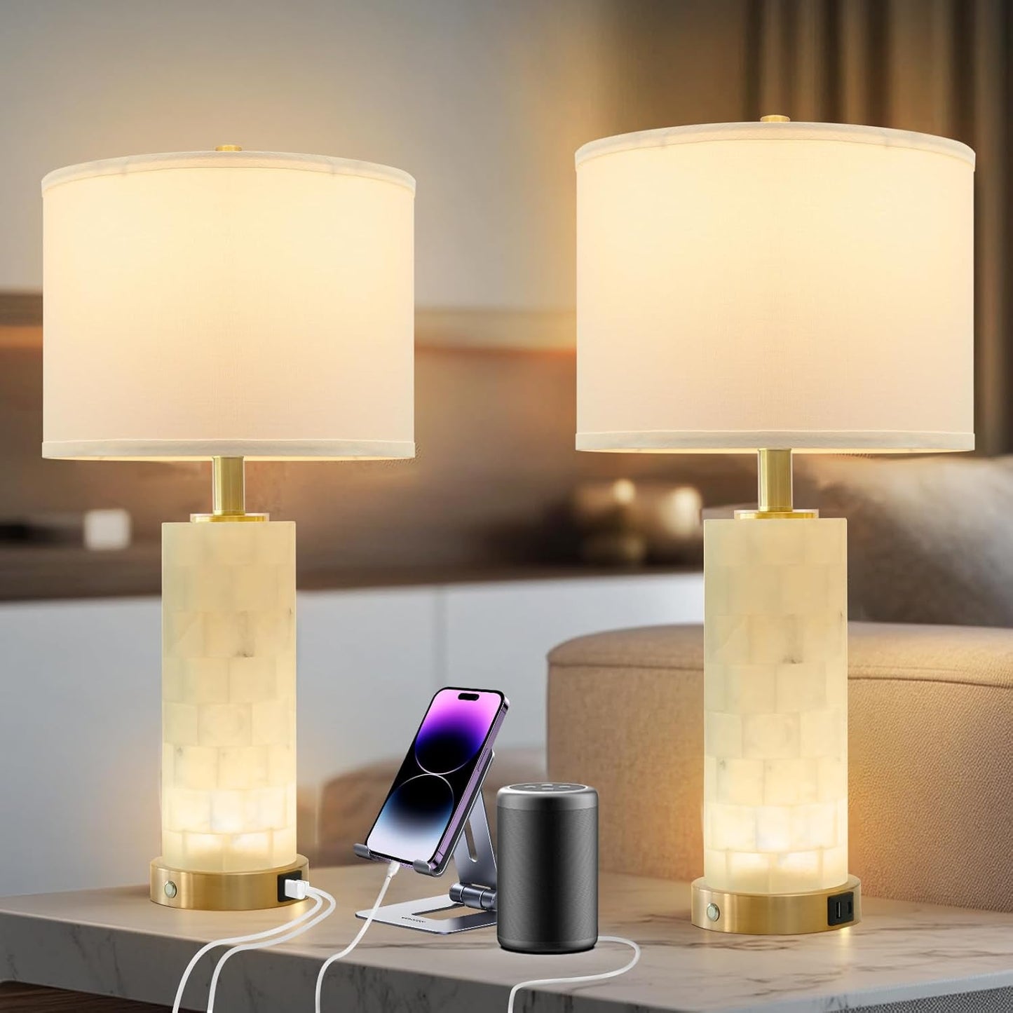 Alabaster Table Lamps Set of 2: 3-Way Dimmable Marble Lamp with Nightlight, Bedside Lamps with USB Ports, Bedroom Lamps for Night Stands End Table