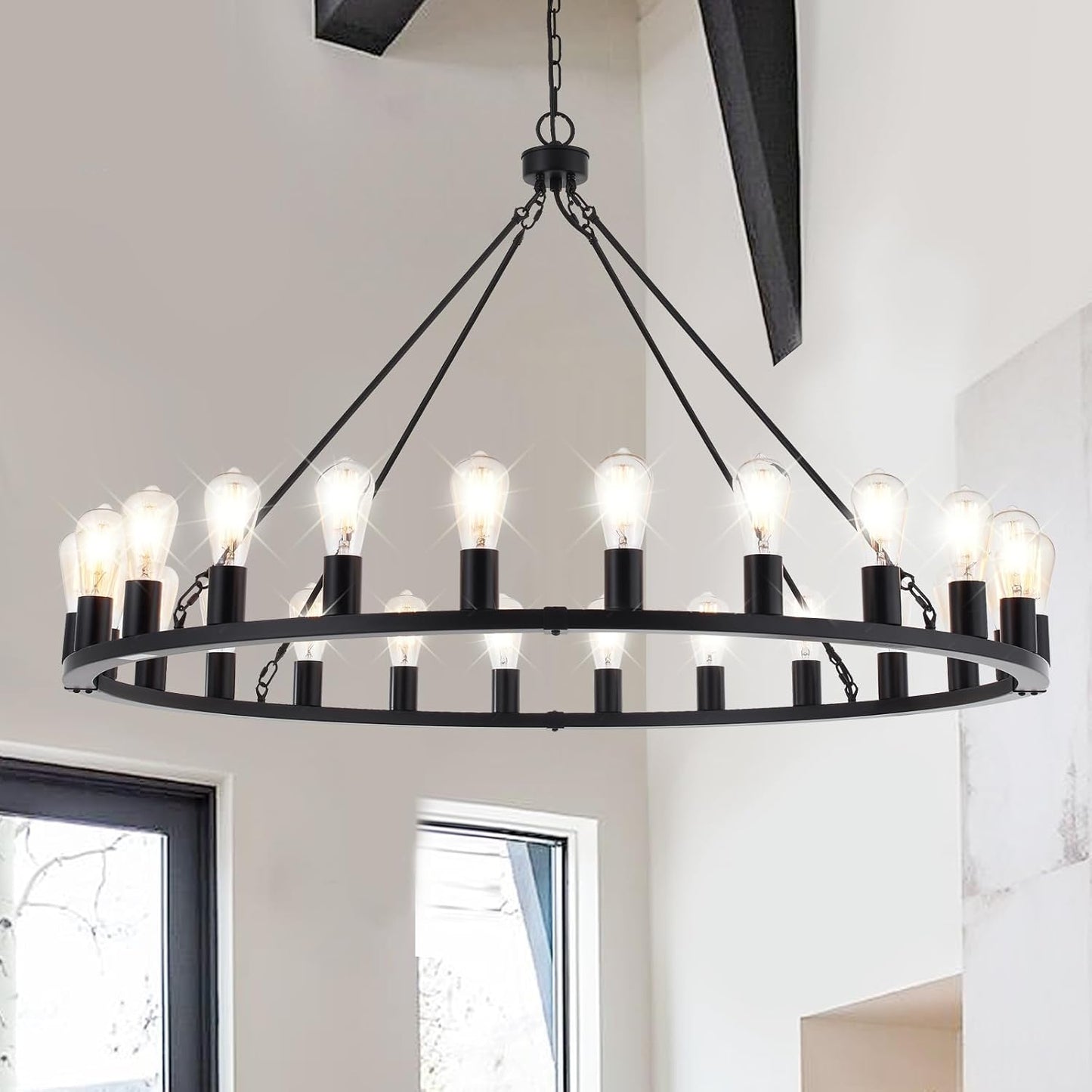 48 Inch 24-Lights Wagon Wheel Chandelier Matte Black Farmhouse Rustic Industrial Large Pendant Light for High Ceilings