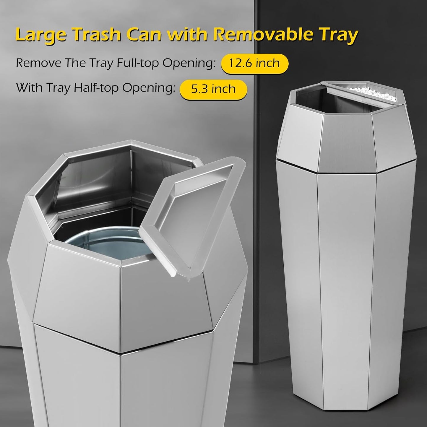 Dyna-Living Commercial Trash Can Large Garbage Can with Lid, Open-top Tall Stainless Steel Trash Bin Industrial Garbage Container for Patio Lobby, Silver