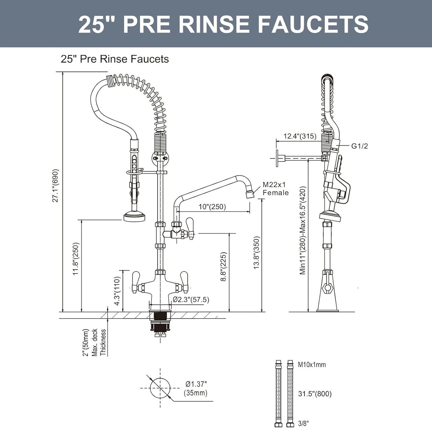 iVIGA Single Hole 27&#34; Height Commercial Kitchen Faucet Deck Mount with Pre-Rinse Sprayer, Commercial Sink Faucet with 10&#34; Add-on Swing Spout