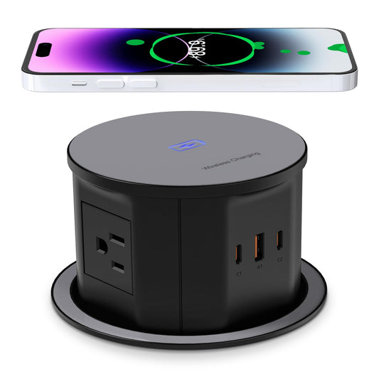 ANNQUAN 4.75" Pop Up Outlet with 65W USB-C,15W Wireless Charger,4 Outlets,3 USB Ports,Pop Up Countertop Receptacle Outlet for Home Office Kitchen Black 12 Amp(Standard)