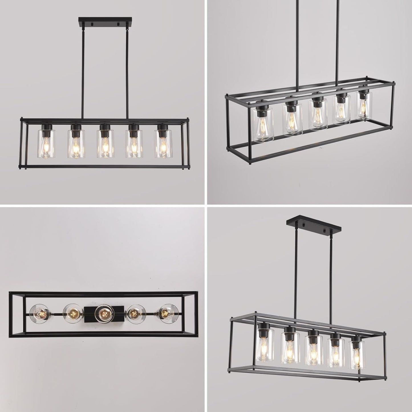 Black Dining Room Light Fixture, 5-Lights Modern Rectangular Chandelier with Clear Glass Shades, Farmhouse Line