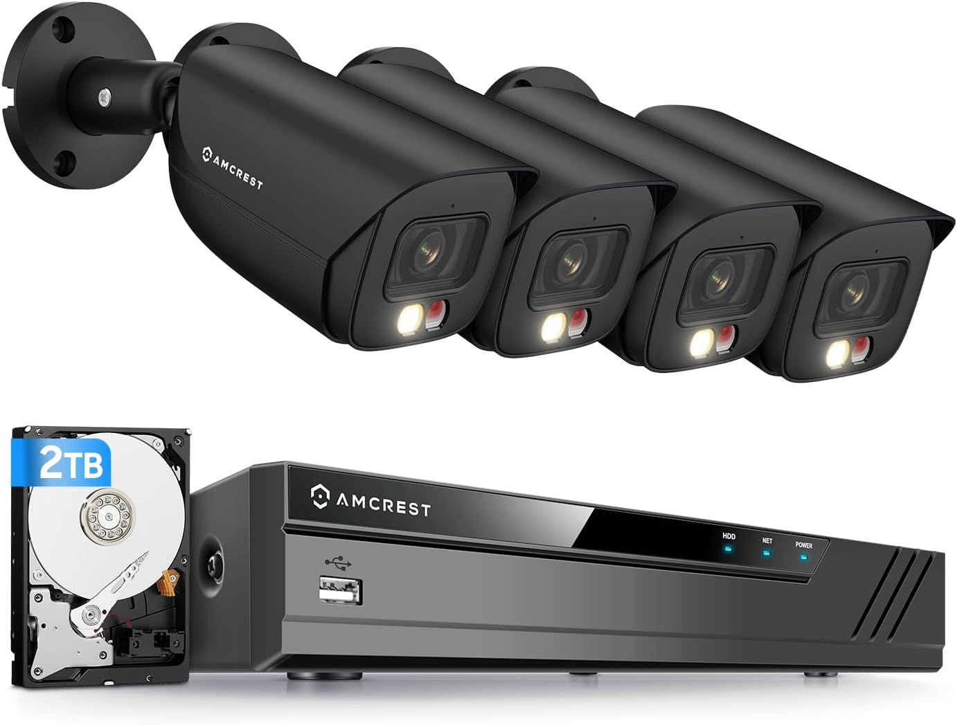 Amcrest 5MP Security Camera System, 4K 8CH PoE (4) x 5-Megapixel Night Color Bullet POE IP Cameras, Active Deterrent, Pre-Installed 2TB Hard Drive, Night Vision-2TB (Black)