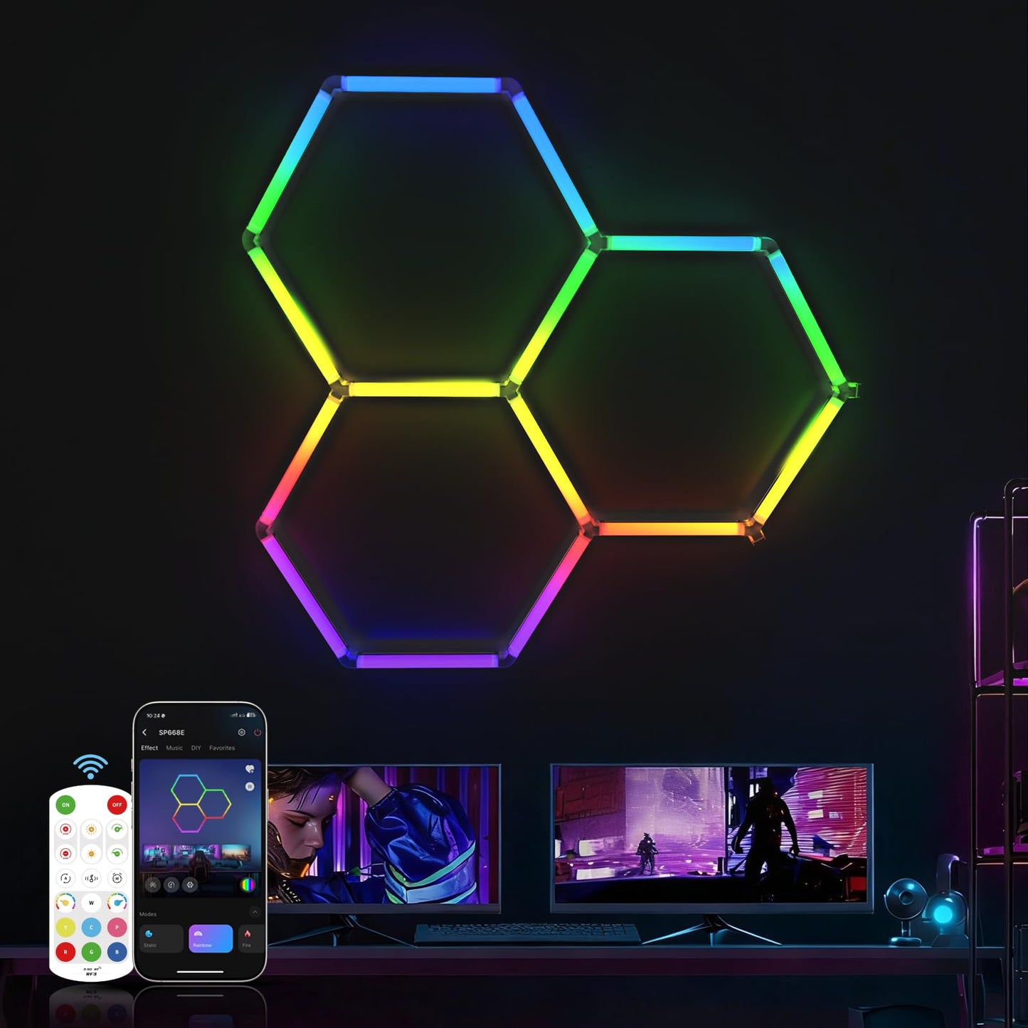 HYPERLITE Hexagon Garage Lights: Gen IV-3 Grid RGB Hexagon LED Lights with Music Sync Mode, App & Remote Control, Multi-Color Honeycomb Light for Gaming Room, Gym, Garage 3 HEX