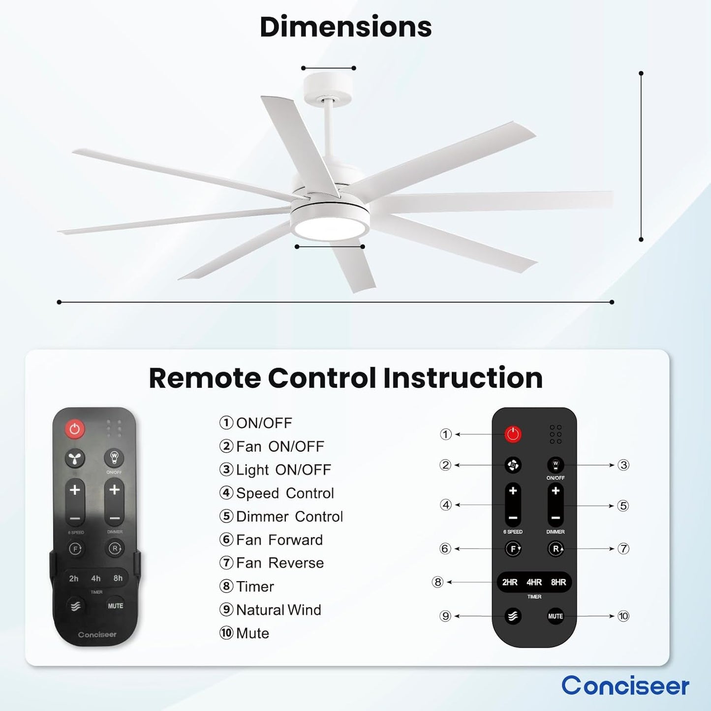 Modern Ceiling Fans with Lights, 65 Inch Ceiling Fans with Remote for Bedroom Living Room Kitchen, 8 Blades 6 Speed Reversible Quiet DC Motor White