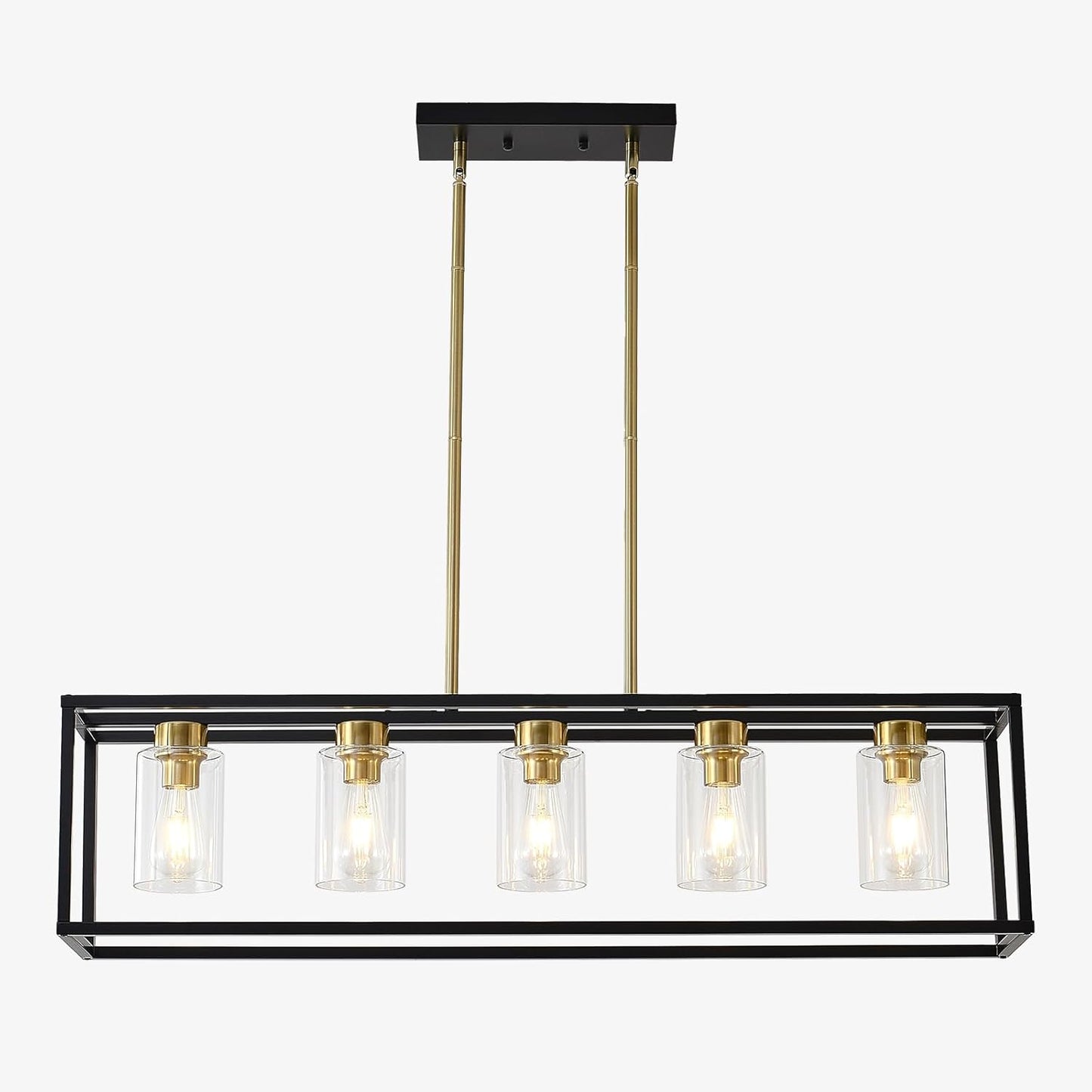 FOVICY 5-Light E26 Kitchen Island Lighting, Farmhouse Dining Room Chandelier with Clear Glass Shades, Rectangle Black and G