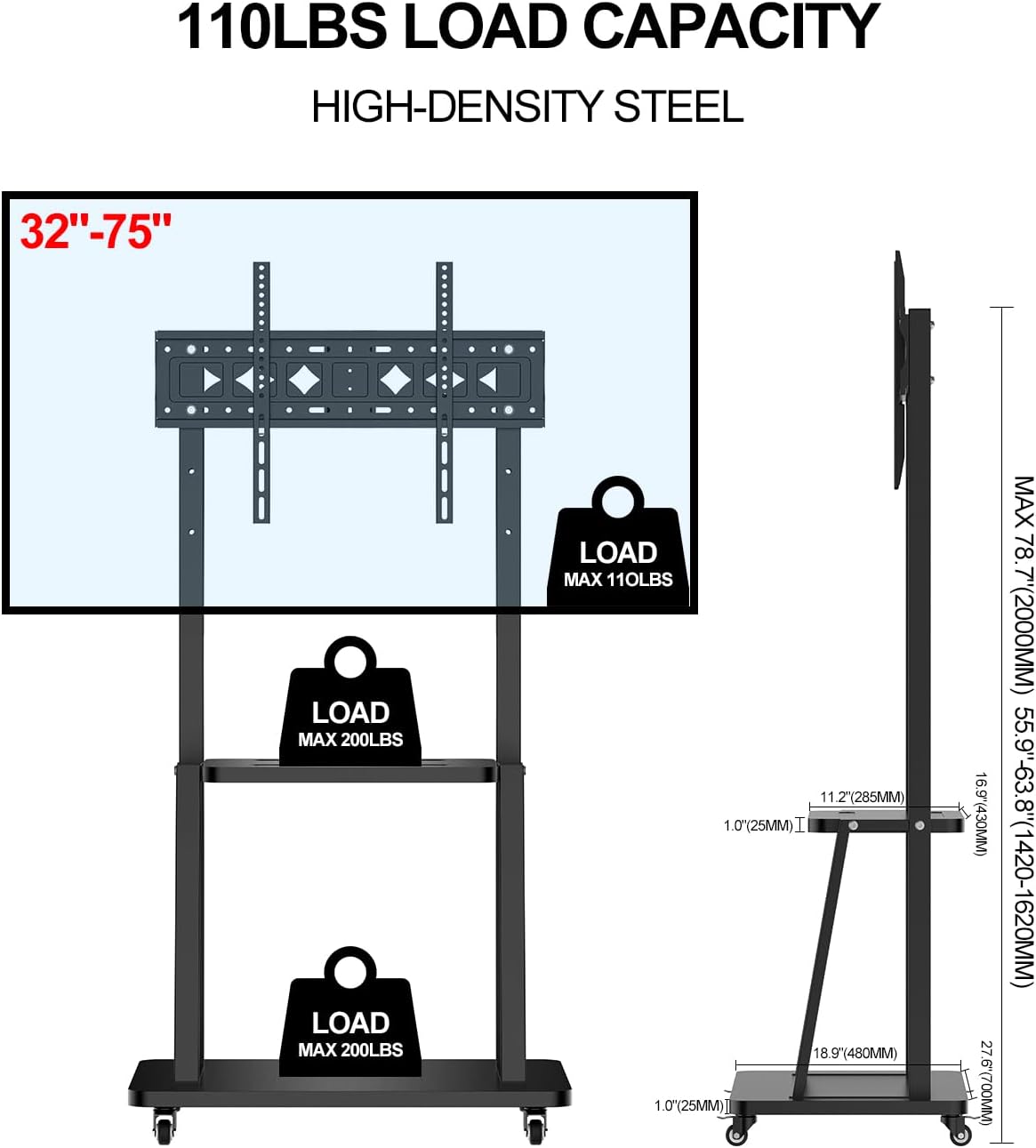 Portable Rolling TV Stand for Smart Whiteboard 32'-75' Outdoor Movable Monitor Cart with Four Lockable Wheel, (Minor Cosmetic Damage)