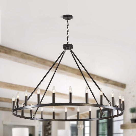 Seilisy 50 Inch 24 Lights Black Wagon Wheel Chandelier, E12 Bulb Large Farmhouse Industrial Hanging Chandeliers, Vintage Rustic Candle Pendant Light