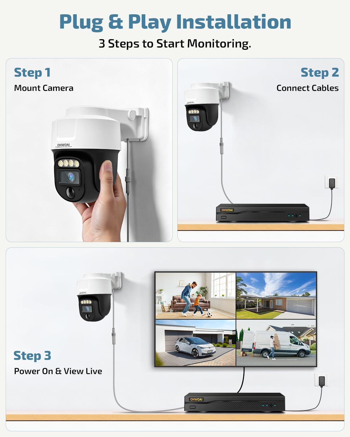 4K Outdoor Wired Security Camera System, Home Video Surveillance Systems | 8MP 2160p, 2-Way Audio, Color Night Vision, 360° Remote PTZ, Auto Tracking, IP66 Weatherproof