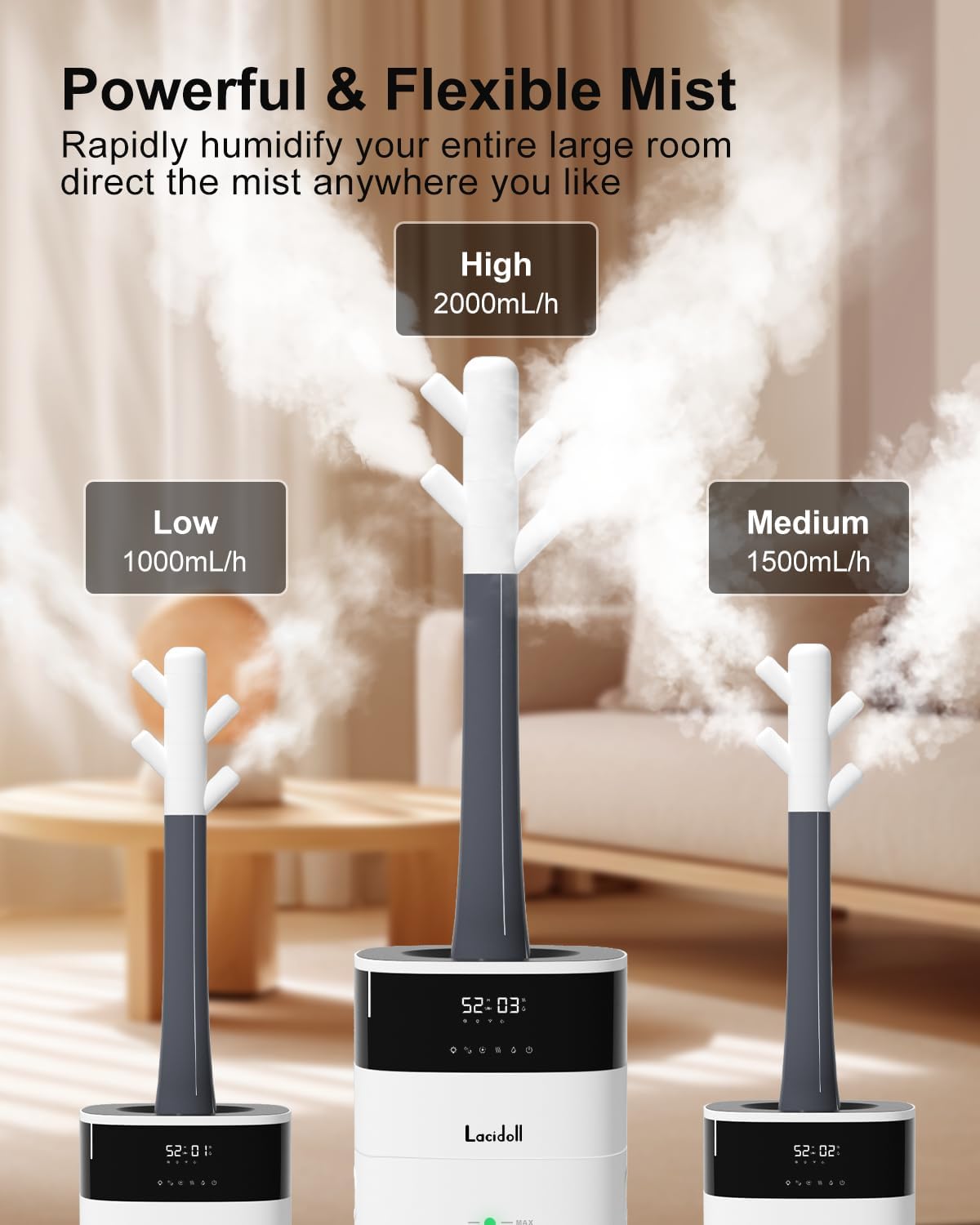 LACIDOLL Humidifier Large Room, 5.3Gal/20L Cool and Warm Mist Humidifiers for Home 3000 sq ft, Whole House Humidifiers with