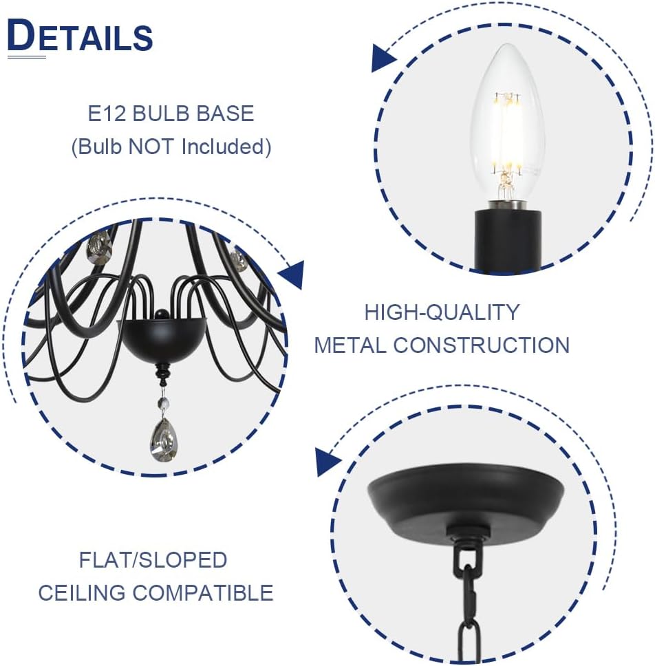 TODOLUZ 8-Lights Farmhouse Candle Chandeliers, Black Dining Room Pendant Lighting Over Table Ceiling Light Fixtures Hanging for Kitchen Island Foyer