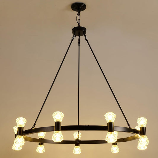 WOGON WEEL Wagon Wheel Chandelier LED 18-Light 39 Inch, Crystal G9 Light Black Modern Farmhouse Chandelier Extra Large for High Ceilings, Living Room