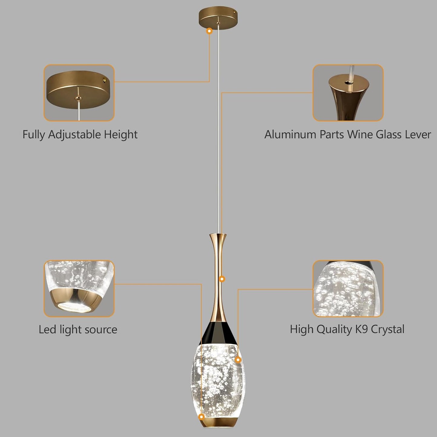 Modern Black Gold Pendant Light Dimmable LED Ceiling Light Fixtures Mini Teardrop Crystal Pendant Lighting for Kitchen Island Bedroom Hallway