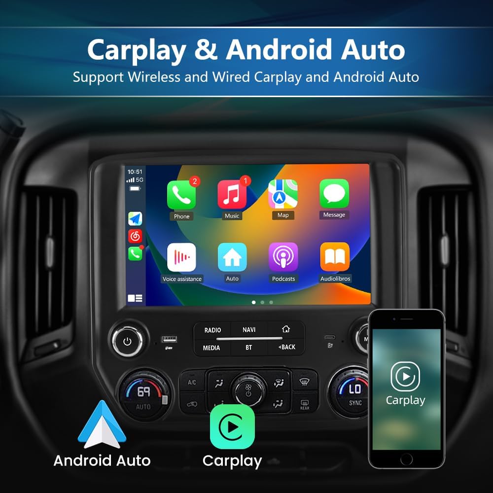 4+64G Car Radio Stereo for Chevy Silverado GMC Sierra 2014-2018 Android 13 Wireless CarPlay Android Auto Bluetooth GPS Navigation