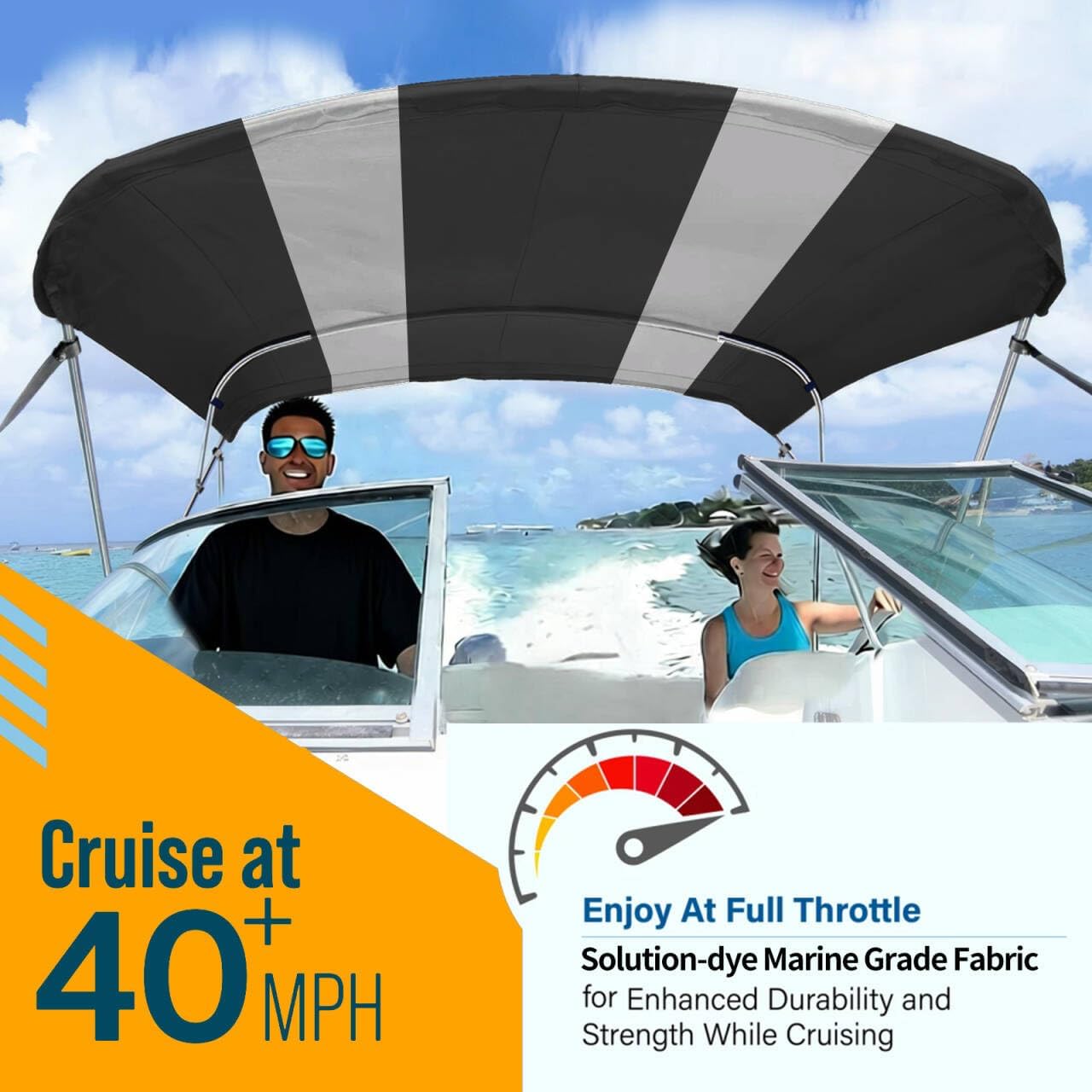 Seamander 4 Bow Bimini Top Replacement Cover, Waterproof Canvas Sun Shade Boat Canopy, Easy Install Zipper Sleeves & Light Hole Without Frame, Black/Gray 8'L 91"-96" W Black/Gray 4 Bow 8'L 91"-96" Width