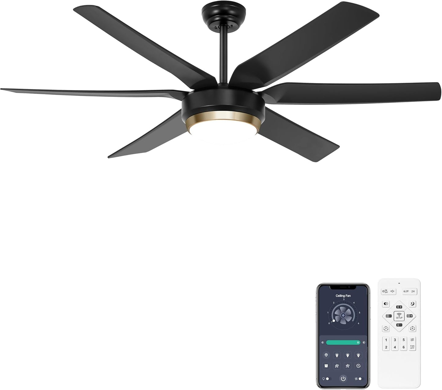 56 Inch Black, Quiet, Reversible Ceiling Fans with Dimmable 3-Color Lights and Remote