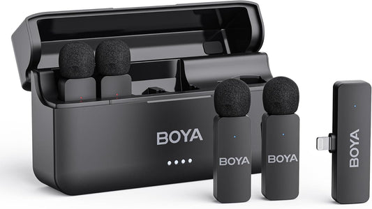 BOYA BY-V4D Wireless Lavalier Microphone for iPhone iPad with Charging case, 18H Battery Life, 650ft Range, 4-Channel Omnidirectional Noise Canceling