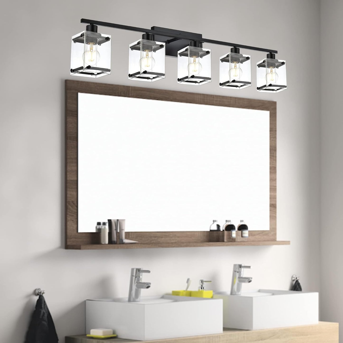 MELUCEE 5 Light Vanity Lights for Bathroom, 40 Inches Black Bathroom Light Fixtures Over Mirror Metal Wall Sconce Light with Rectangular Clear Glass