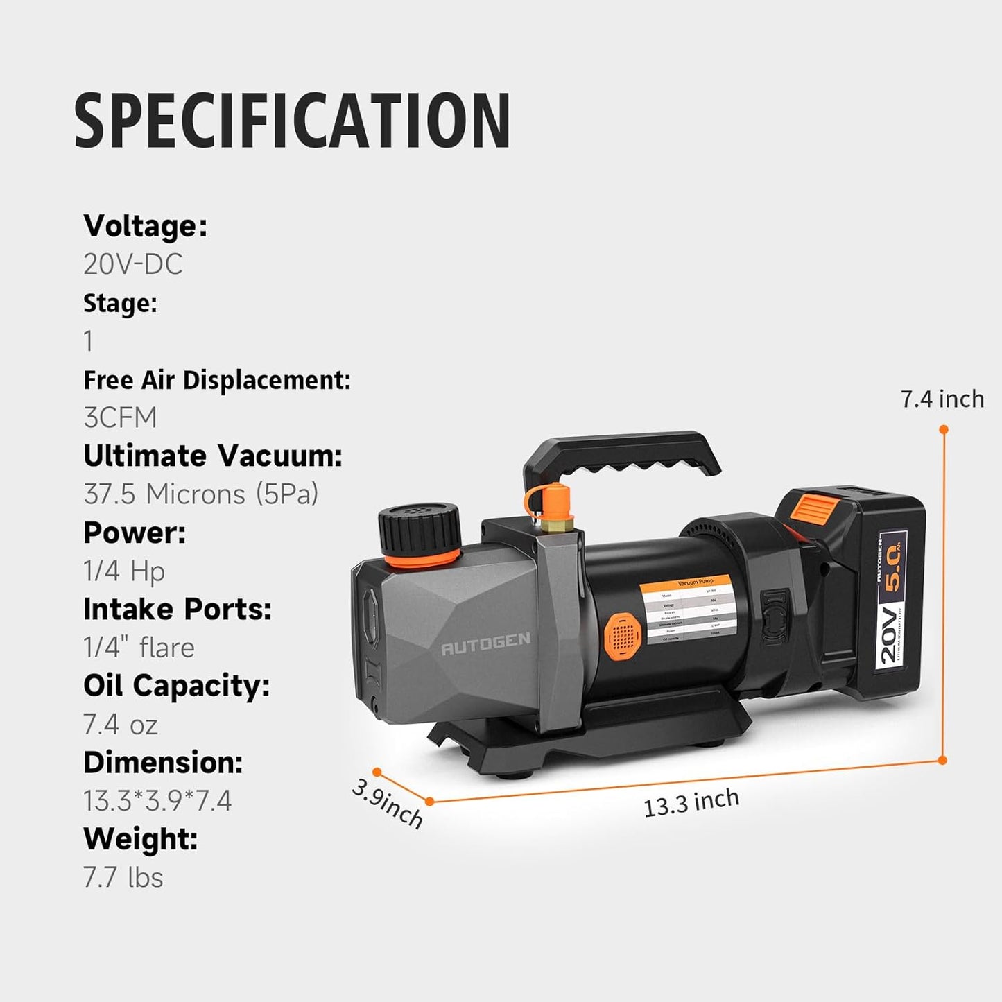 Single-Stage Vacuum Pump 3CFM 20V Lithium Battery DC Inverter 60 microns 1/4HP for Air Conditioner Refrigerant HVAC