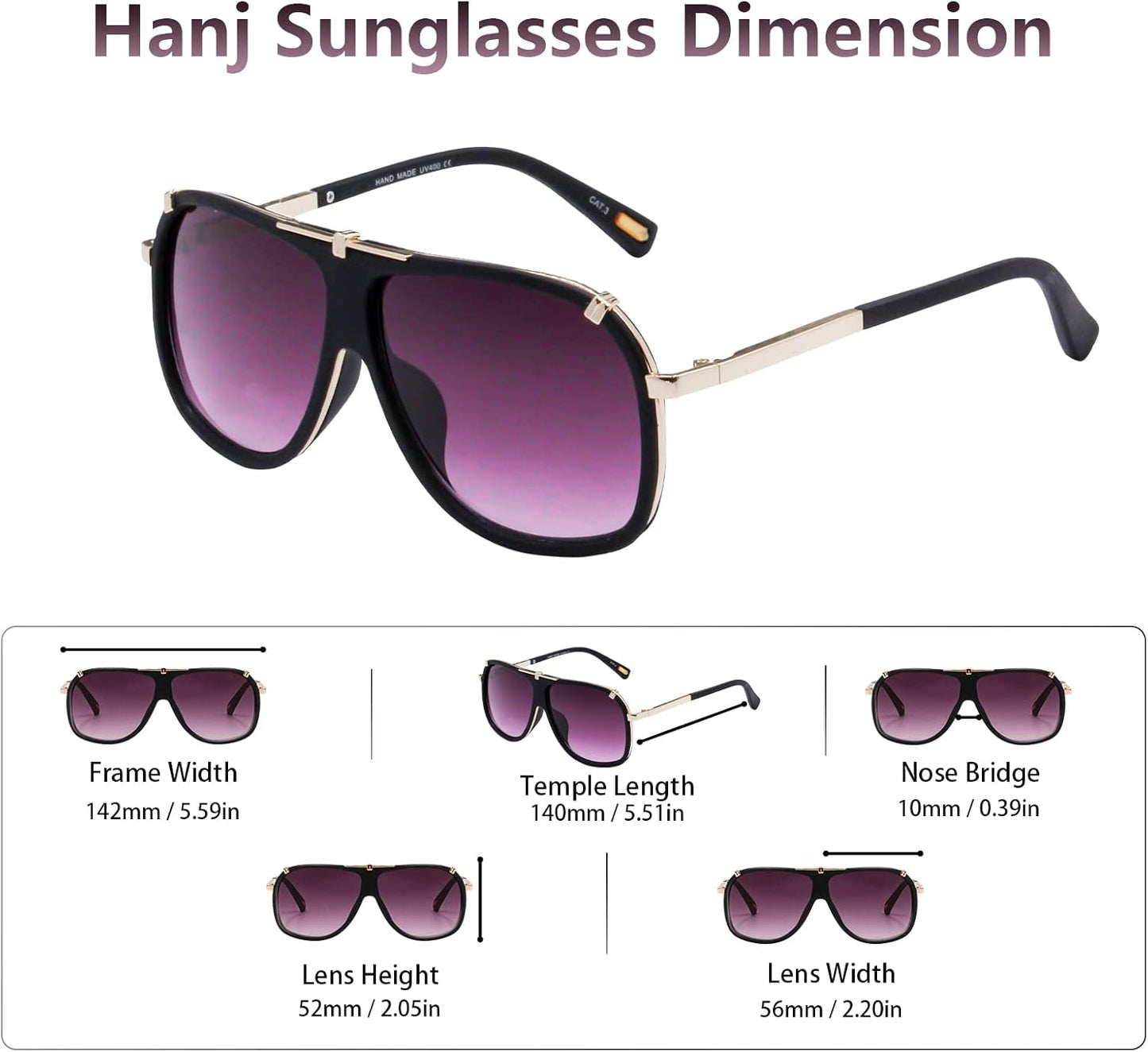 Hanj Trendy 70s Retro Square Sunglasses for Men Women Fashion Classic Aviator Vintage Sun Glasses Gold Metal Shades (Matte / Dull Black)