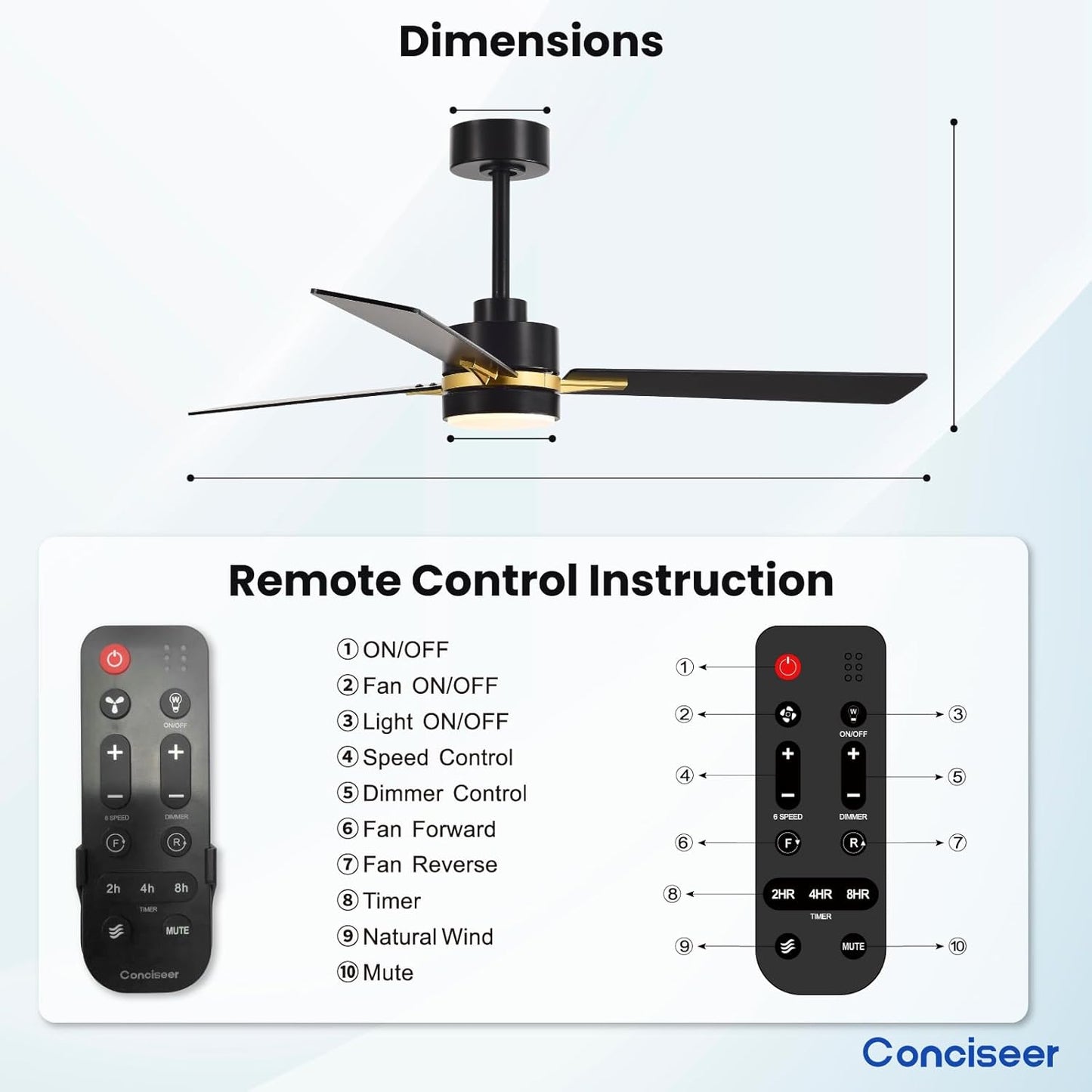 Conciseer Morden Ceiling Fans with Lights,52 inches Ceiling Fans with Remote for Bedroom Living Room Kitchen, 3 Blades 6 Speed Reversible Quiet DC