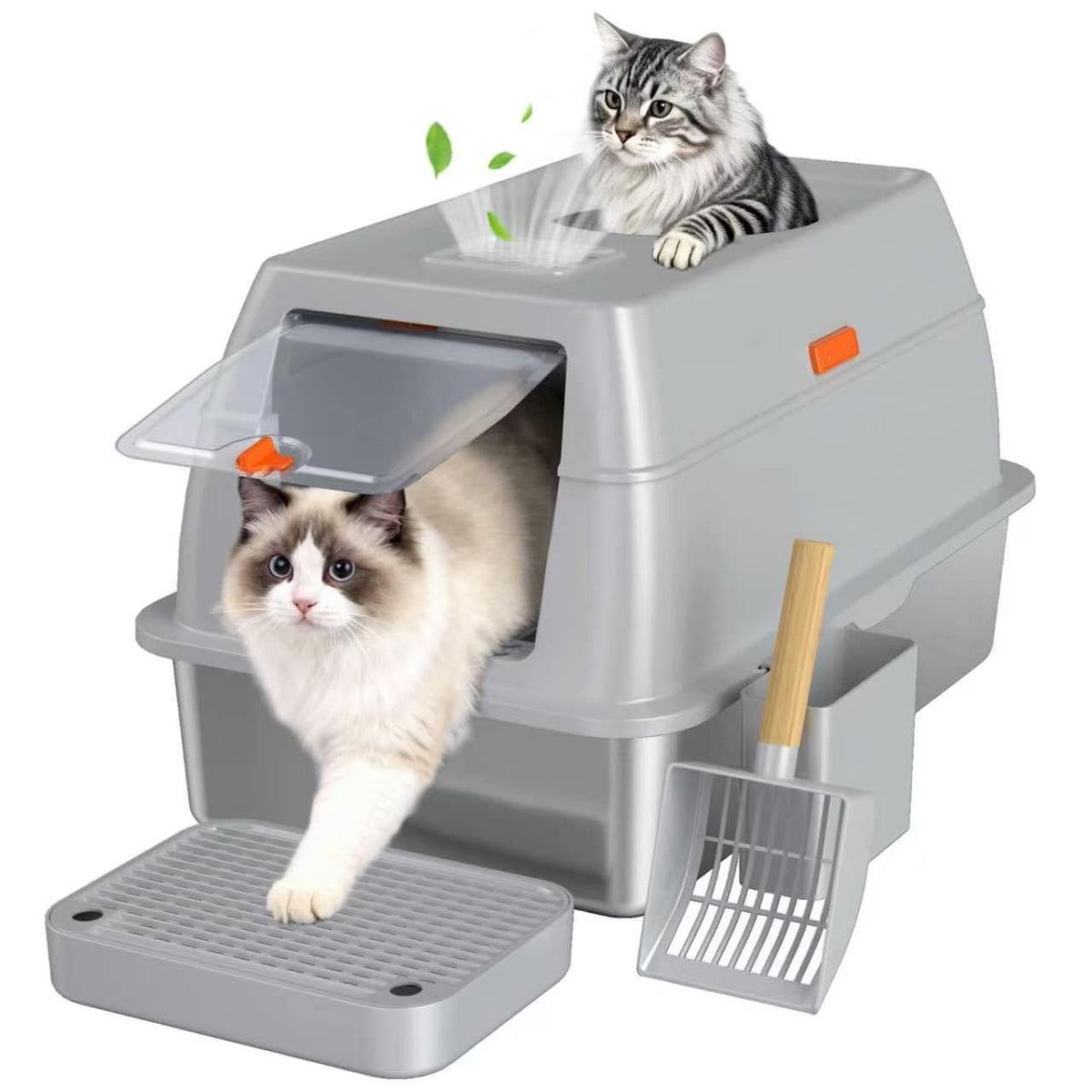 Enclosed Stainless Steel Litter Box with Lid, Light Gray, XL
